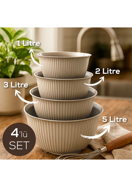 4'lü Mega Boy Plastik Karıştırma ve Saklama Kase Seti | 1l, 2l, 3l, 5l Bej