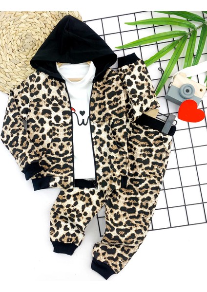 2-3-4-5 Yaş Kapşonlu Leopar Desenli Sweatli 3lü Kız Çocuk Takımı Kahverengi