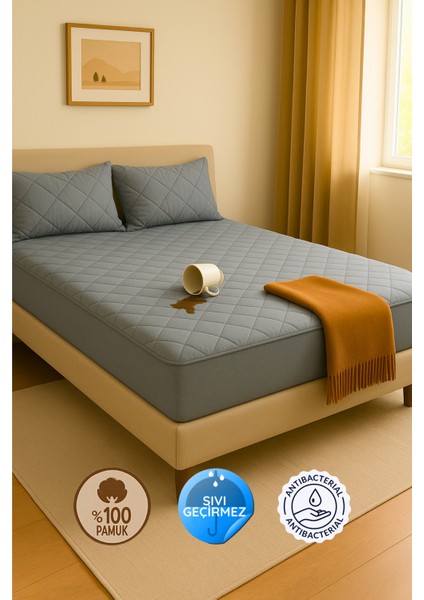 Pamukkale Renkli Alez Gri %100 Pamuk Kapitone Sıvı Geçirmez Yatak Koruyucu Fitted Alez Çarşaf