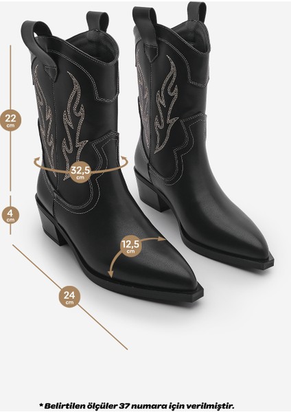 Kadın Sivri Burun Nakışlı Western Bot Tevlus Siyah