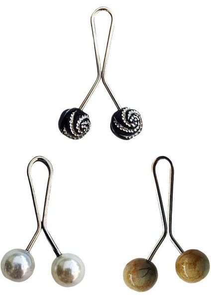 3 Adet Tesettür Eşarp ve Şal Klipsi Inci Beyaz Hardal Siyah Desenli