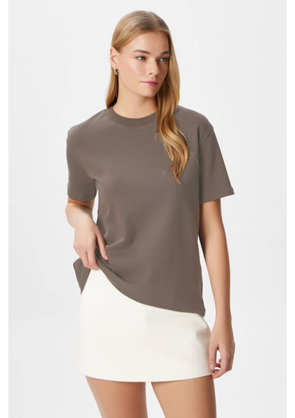 Kadın Rise Dekoratif Yaka Tok Doku %100 Pamuk Vizon T-Shirt