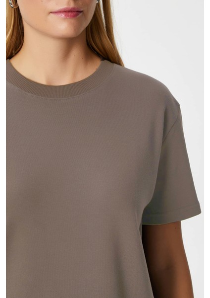 Kadın Rise Dekoratif Yaka Tok Doku %100 Pamuk Vizon T-Shirt fiyatları