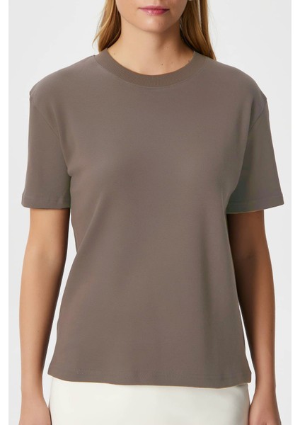 Kadın Rise Dekoratif Yaka Tok Doku %100 Pamuk Vizon T-Shirt modelleri