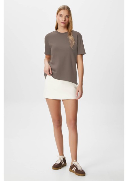 Kadın Rise Dekoratif Yaka Tok Doku %100 Pamuk Vizon T-Shirt indirimleri