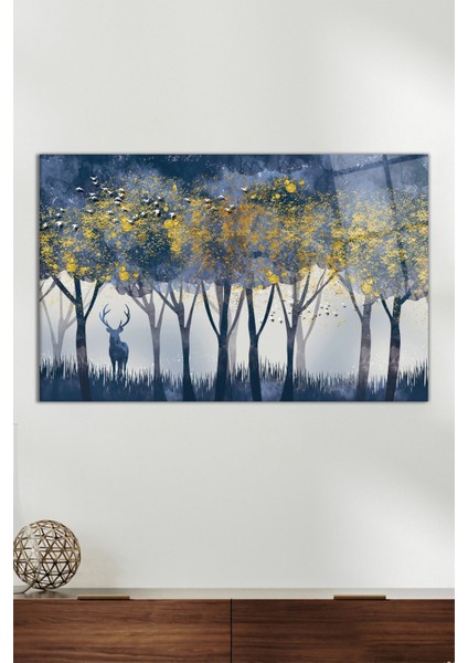 Gold Detay Ağaçlar Yatay Cam Tablo, Modern Ev Ofis Dekoru, Hediyelik Duvar Dekorasyonu, Kırılmaz Cam