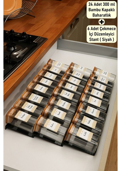 24'lü Bambu Kapaklı 300ML Borosilikat Cam Baharatlık ve Düzenleyici Stand Seti