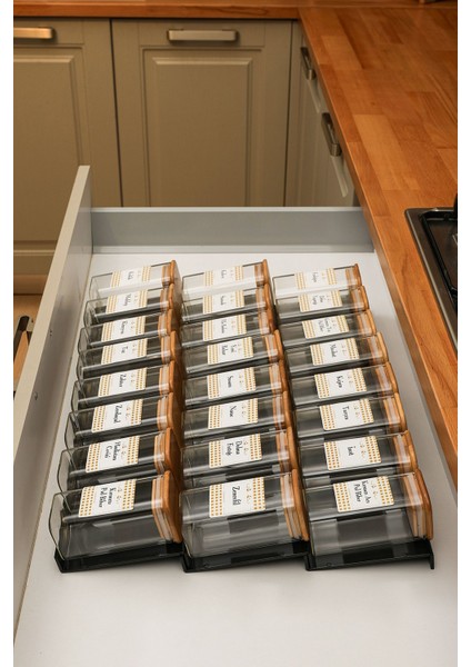 24'lü Bambu Kapaklı 300ML Borosilikat Cam Baharatlık ve Düzenleyici Stand Seti modelleri