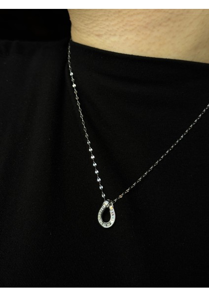 925 Ayar Gümüş Baget Taşlı Damla Figürlü Aynalı Zincir Kolye