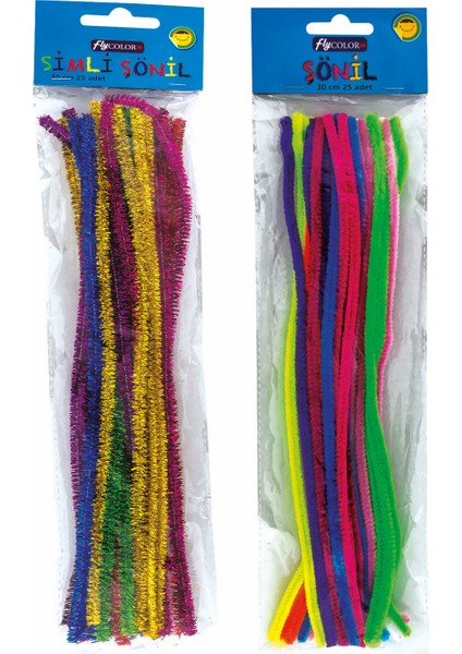 Simli ve Düz Şönil El Işi Seti 50 Adet 30CM