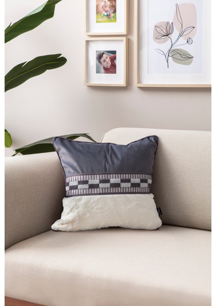 Premium Biyeli Tavşan Tüyü & Punch Işlemeli Tekli Dekoratif Özel Tasarım Kırlent Kılıfı