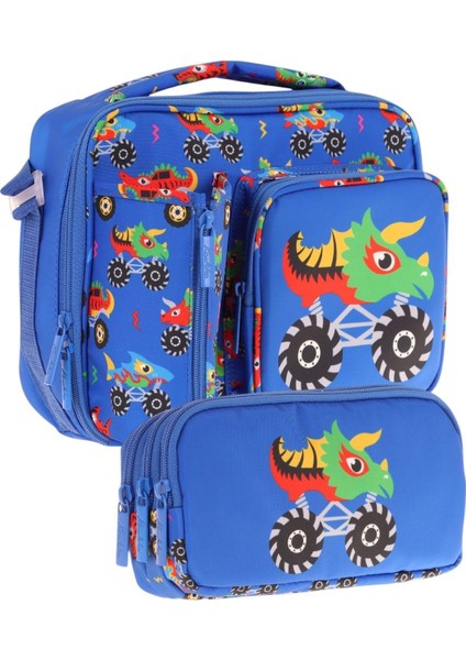 Kids Erkek Çocuk Mavi Yeşil Canavar Üç Bölmeli Thermo Beslenme Çantası ve Kalemlik Seti (L7255+L8255)