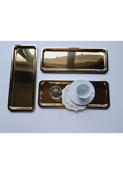 Paslanmaz Çelik Gold Renk 3'lü Sunum Tepsisi, Lüks ve Şık Tasarım