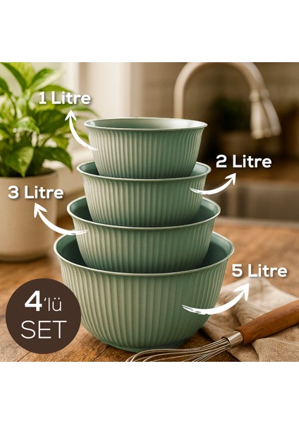 4'lü Mega Boy Plastik Karıştırma ve Saklama Kase Seti | 1l, 2l, 3l, 5l Yeşil