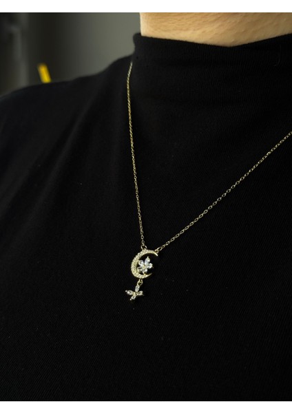 Altın Kaplama 925 Ayar Gümüş Hilal & Çiçek Figürlü Sallantılı Kolye fiyatları