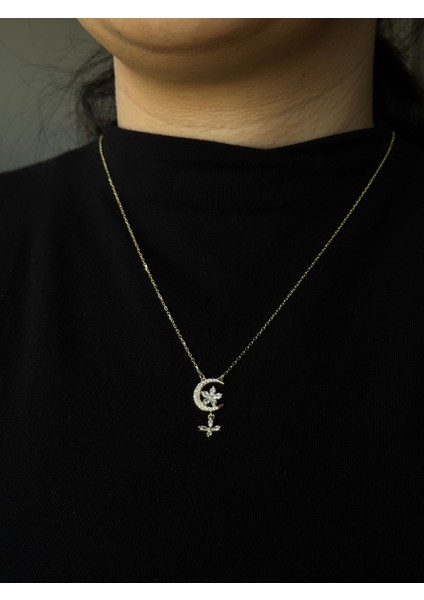 Altın Kaplama 925 Ayar Gümüş Hilal & Çiçek Figürlü Sallantılı Kolye modelleri