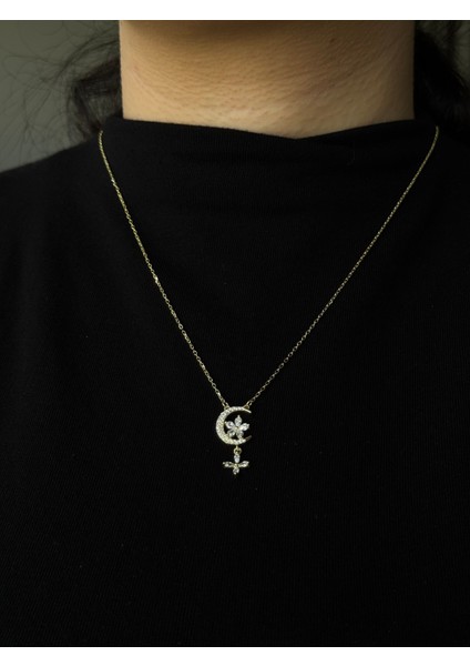 Altın Kaplama 925 Ayar Gümüş Hilal & Çiçek Figürlü Sallantılı Kolye fırsatları