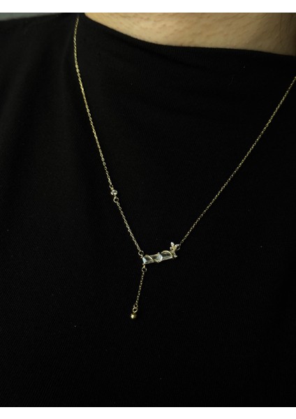 Altın Kaplama 925 Ayar Gümüş Çift Baget Taşlı Sarmaşık Motifli Sallantılı Kolye fiyatları