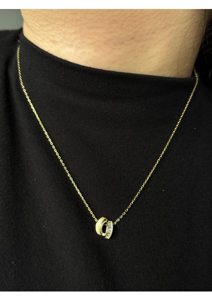 Altın Kaplama 925 Ayar Gümüş Çift Yarım Halka Motifli Sedefli & Baget Taşlı Kolye modelleri