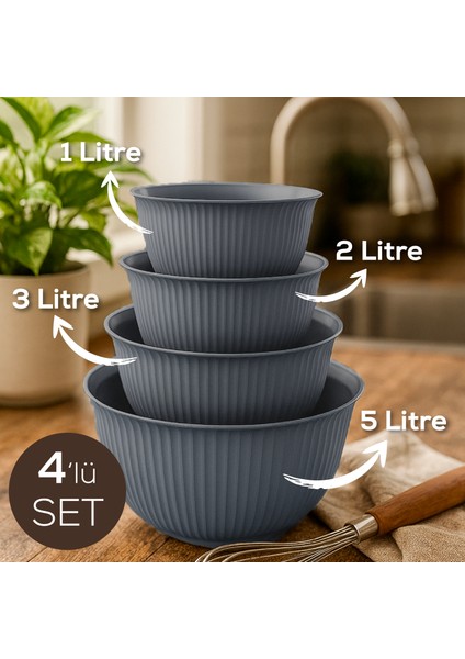 4'lü Mega Boy Plastik Karıştırma ve Saklama Kase Seti | 1l, 2l, 3l, 5l Antrasit