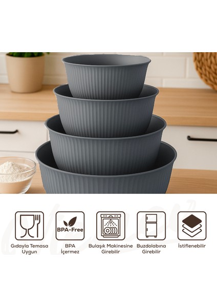 4'lü Mega Boy Plastik Karıştırma ve Saklama Kase Seti | 1l, 2l, 3l, 5l Antrasit modelleri