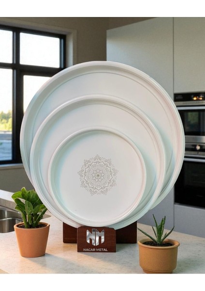 3'lü Desenli Metal Sunum Tepsisi Seti, Beyaz, 35-50-60 cm