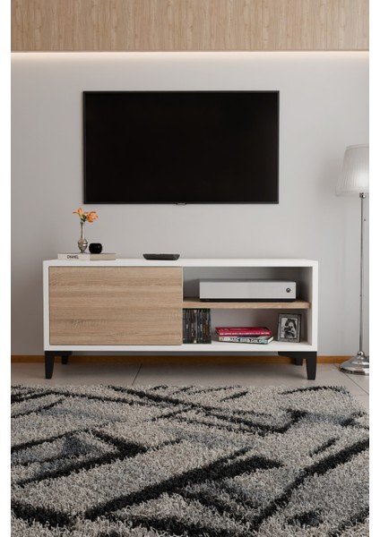 Modern Tv Ünitesi Kapaklı Raflı Tv Sehpası Salon Için Minimal Tasarım Fonksiyonel Tv Dolabı