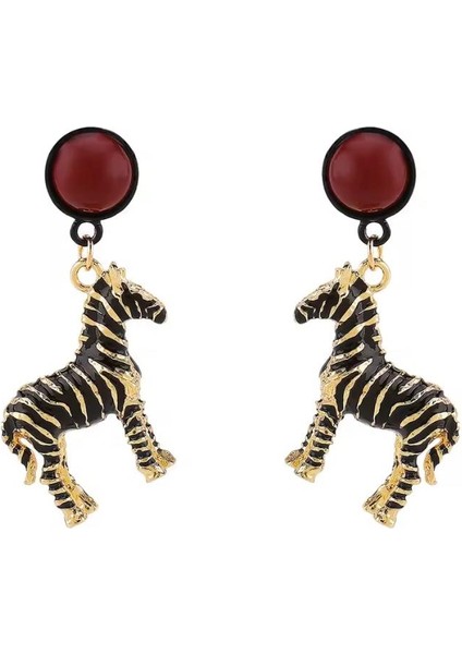 Altın Renk Kırmızı Taşlı Renkli Mineli Sallantılı Zebra Küpe