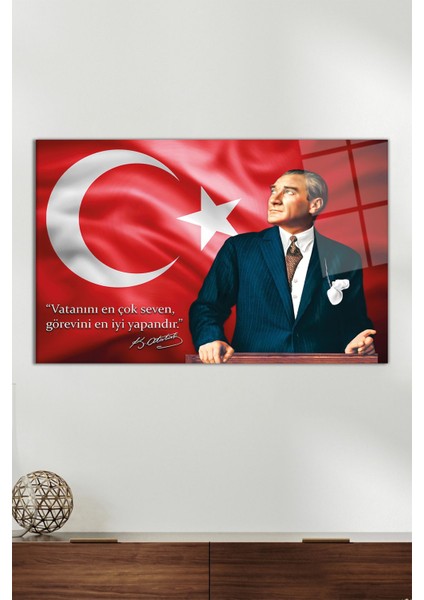 Bayrak Atatürk ve Sözü Yatay Cam Tablo, Modern Ev Ofis Dekoru, Hediyelik Duvar Dekorasyonu, Kırılmaz