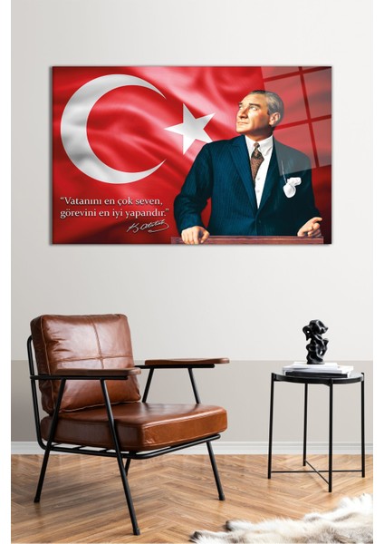 Bayrak Atatürk ve Sözü Yatay Cam Tablo, Modern Ev Ofis Dekoru, Hediyelik Duvar Dekorasyonu, Kırılmaz fiyatları
