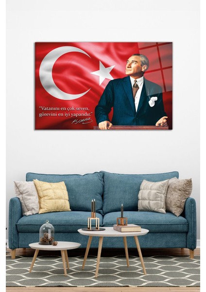 Bayrak Atatürk ve Sözü Yatay Cam Tablo, Modern Ev Ofis Dekoru, Hediyelik Duvar Dekorasyonu, Kırılmaz modelleri