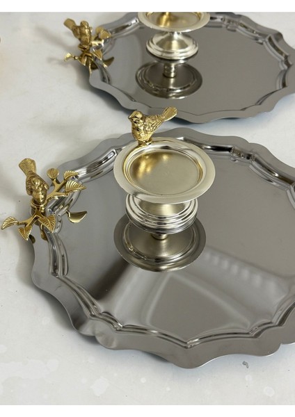 Metalik Yuvarlak Dalgalı Kuş Temalı 3'lü Tepsi ve Makaronluk Seti fiyatları