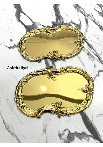 2'li Gold Paslanmaz Çelik Işlemeli Sunum Tepsisi, Renkli, Şık ve Kullanışlı