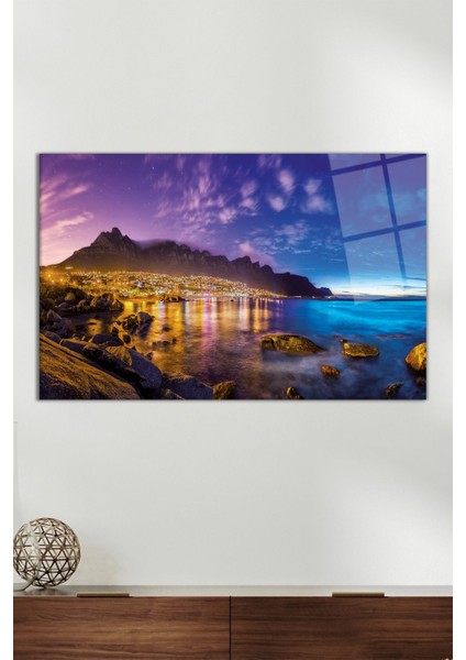 Deniz Kenarında Şehir Manzarası Yatay Cam Tablo, Modern Ev Ofis Dekoru, Hediyelik Duvar Dekorasyonu