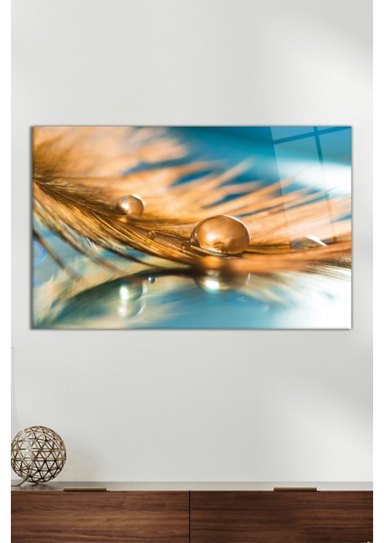 Tüy ve Su Damlası Yatay Cam Tablo, Modern Ev Ofis Dekoru, Hediyelik Duvar Dekorasyonu, Kırılmaz Cam