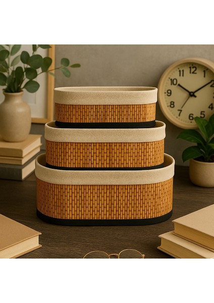 Bambu Hasır Oval 3'lü Organizer Sepet Seti - Çok Amaçlı Düzenleyici fırsatları