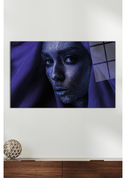 Mor Parıltılı Makyajlı Kadın Yatay Cam Tablo, Modern Ev Ofis Dekoru, Hediyelik Duvar Dekorasyonu