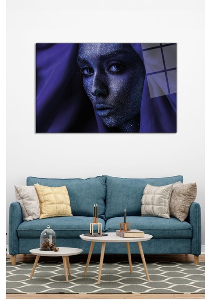 Mor Parıltılı Makyajlı Kadın Yatay Cam Tablo, Modern Ev Ofis Dekoru, Hediyelik Duvar Dekorasyonu modelleri