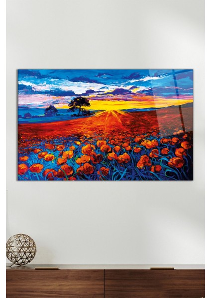Kırmızı Gelincik Tarlası Yatay Cam Tablo, Modern Ev Ofis Dekoru Hediyelik Duvar Dekorasyonu Kırılmaz