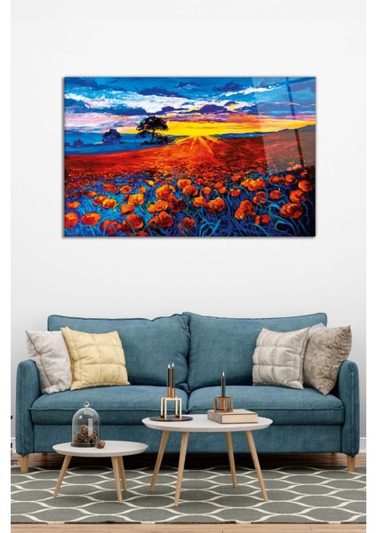 Kırmızı Gelincik Tarlası Yatay Cam Tablo, Modern Ev Ofis Dekoru Hediyelik Duvar Dekorasyonu Kırılmaz modelleri