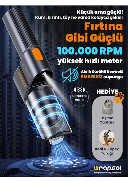 Oto Araç Süpürgesi Katlanabilir Vakumlu Üflemeli Şarjlı Çok Fonksiyonlu Ev Araba Kamp max 15.800PA Çekim Gücü