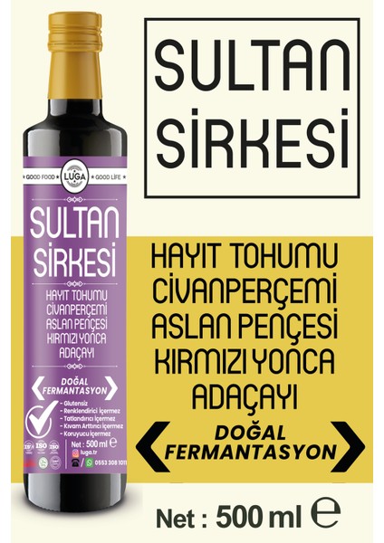 Sultan Sirkesi 500 ml -Doğal Fermantasyon, Katkısız, Glutensiz, Koruyucu İçermez