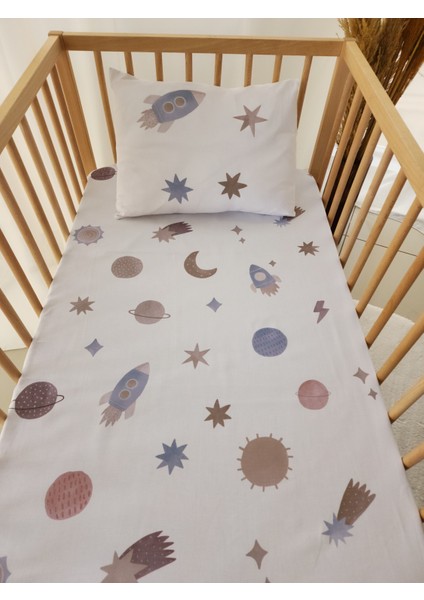 %100 Organik Pamuk Saten Tek Kişilik Lastikli Çarşaf Set - Uzay 100X200/30