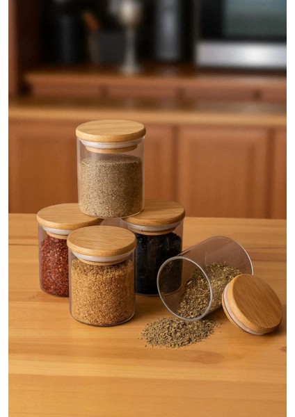 300 ml 6'lı Borosilikat Cam Baharatlık Seti - Sızdırmaz Silikonlu Bambu Kapak - 300 ml (X6)