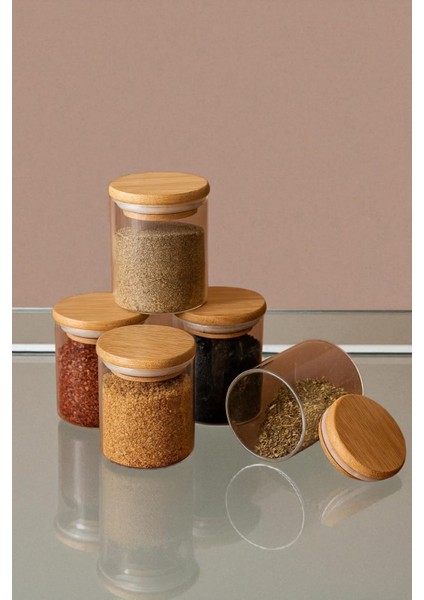 300 ml 6'lı Borosilikat Cam Baharatlık Seti - Sızdırmaz Silikonlu Bambu Kapak - 300 ml (X6) modelleri