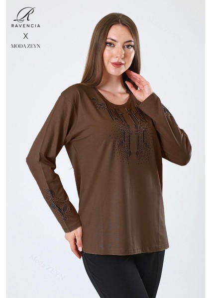 Kadın Orta Yaş ve Üzeri Viskon Damla Yaprak Desen Taşlı Işlemeli Likralı Kahverengi Anne Penye Bluz