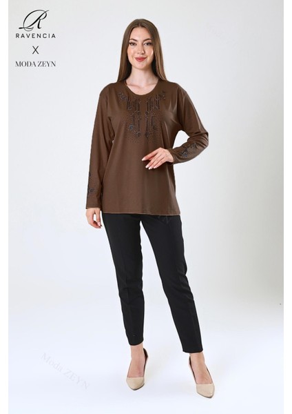 Kadın Orta Yaş ve Üzeri Viskon Damla Yaprak Desen Taşlı Işlemeli Likralı Kahverengi Anne Penye Bluz fiyatları