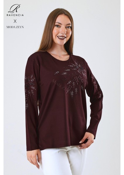 Kadın Orta Yaş ve Üzeri Viskon Çiçek Desen Taşlı Işlemeli Likralı Bordo Anne Penye Bluz