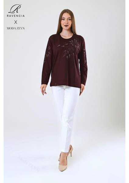 Kadın Orta Yaş ve Üzeri Viskon Çiçek Desen Taşlı Işlemeli Likralı Bordo Anne Penye Bluz fiyatları