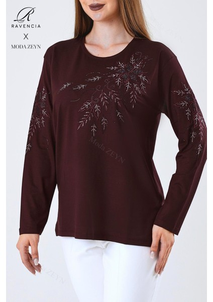 Kadın Orta Yaş ve Üzeri Viskon Çiçek Desen Taşlı Işlemeli Likralı Bordo Anne Penye Bluz modelleri